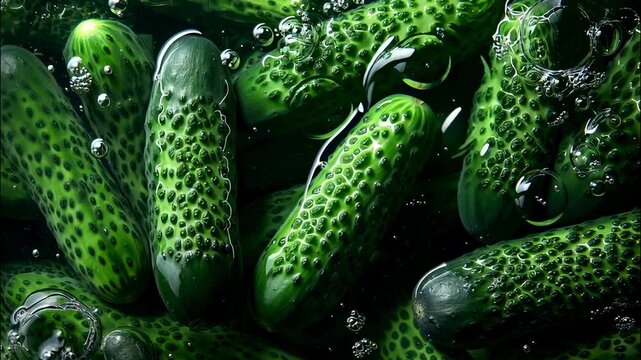 Fresh green cucumbers submerged in clear water with air bubbles