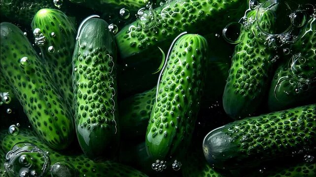 Macro background of washed raw cucumbers underwater on dark surface