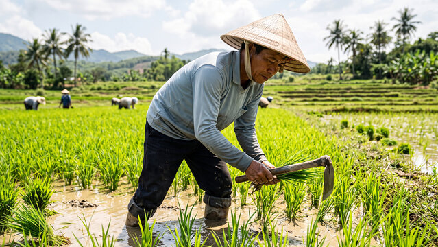 Asian Farmer Planting Rice Seedlings in Flooded Paddy Field