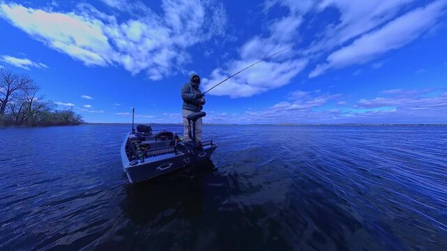 Unrecognizable man casting rod and spinning fishing reel on small fishing boat. Sport fishing leisure. Man is fishing in a boat on the lake. Angler is catching fish from powerboat in the open water.