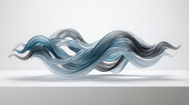 Abstract flowing glass sculpture with grey and green curves and smooth elegant waves in a studio