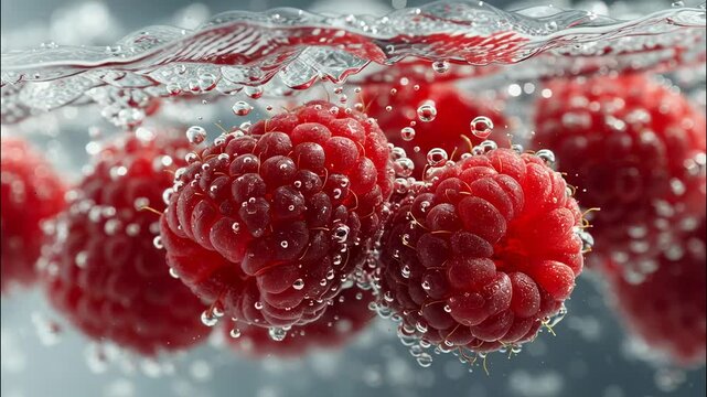 Fresh red raspberries submerged in water with effervescent air bubbles