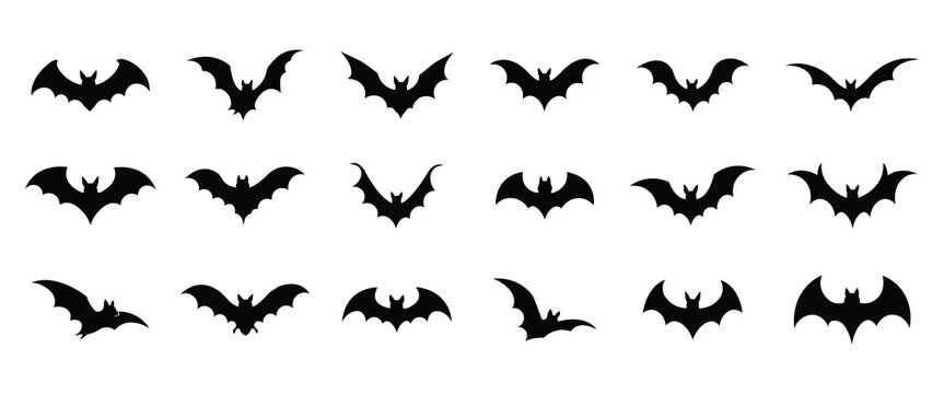 Halloween black bat silhouettes set, perfect for spooky themes, Halloween decorations design projects.