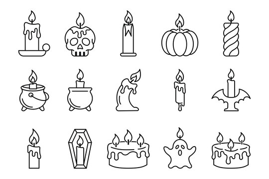 Hand drawn Halloween candle and cake icon set with festive celebration symbols in outline vector style.