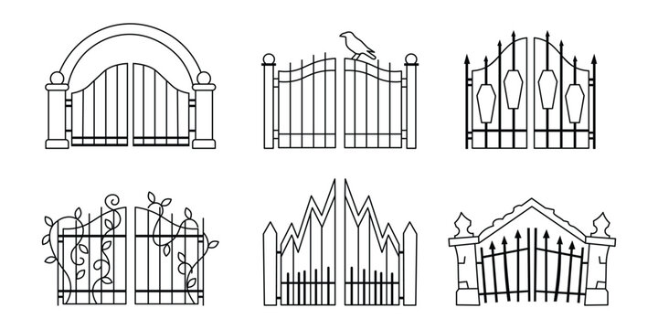 Spooky Halloween cemetery gates in outline icon set. a haunting design element for seasonal decoration and ornament.