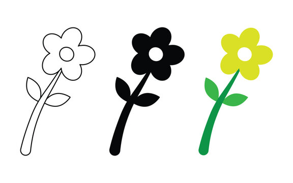 Three simple flower stem icons in outline black and colorful styles isolated botanical vector illustration.