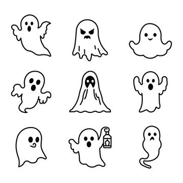 Halloween Ghost Outline Icon Set Simple Line Vector Collection. cute and spooky hand drawn white ghost characters.