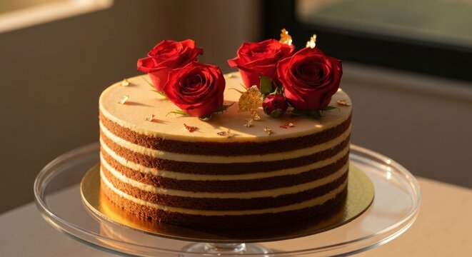 Elegant layered cake adorned with red roses and gold leaf, displayed on a glass cake stand