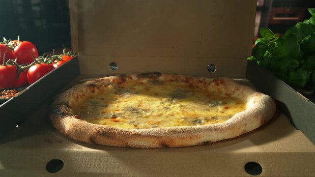 Revealing Fresh Cheese Pizza in Slow Motion, Close Up to Wide Motion Control Shot.