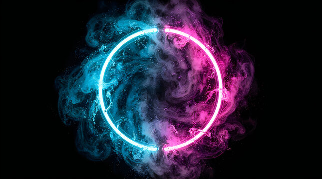 Bright neon circle glowing with blue and pink smoke clouds on a deep black background