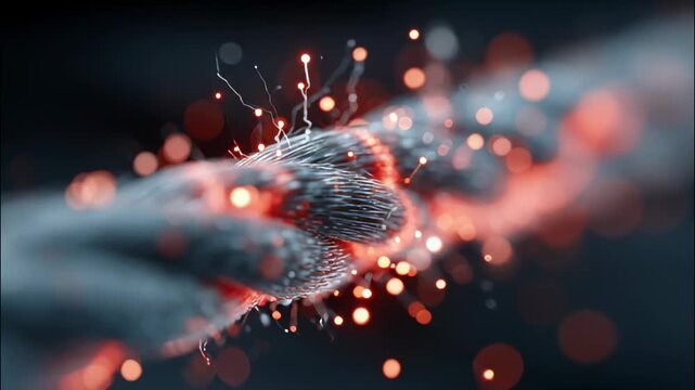 Abstract fiber optic cable emitting glowing red energy and sparks