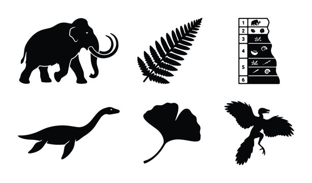 Prehistoric Life Icons Set: Mammoth, Plesiosaur, Dinosaur, Fern, Ginkgo, Bird, Geological Timeline Vector Graphics