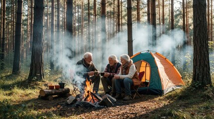 Fototapeta premium Elderly couple, senior man sit by campfire beside orange tent in misty pine forest. Three retired friends enjoy morning coffee near small tent. Peaceful outdoor camping trip in wild woods with smoke,