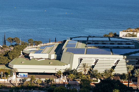 Monaco, Monaco - April 04, 2026: Elevated view of the Grimaldi Forum Monaco convention and cultural center beside the Mediterranean Sea.
