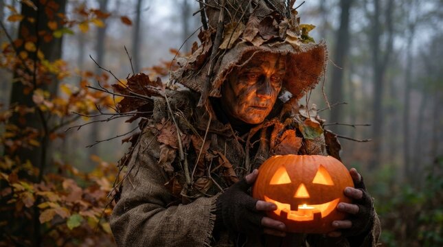Mystical wood dweller: Halloween celebration, glow pumpkin, autumn forest, hold lantern, creepy scarecrow, organic costume, dry leaf, spooky magic, dark nature, burlap sack, dirty face.