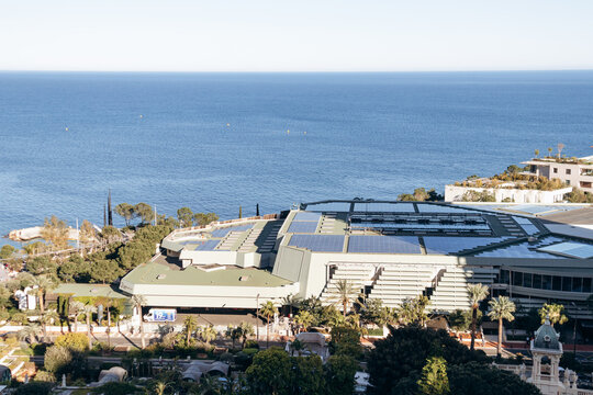 Monaco, Monaco - April 04, 2026: Elevated view of the Grimaldi Forum Monaco convention and cultural center beside the Mediterranean Sea.