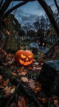 Eerie Halloween cemetery: scary pumpkin, spooky grave, autumn leaf, night walk, dark forest, gothic cross, orange glow, distant figure, mysterious path, creepy atmosphere.