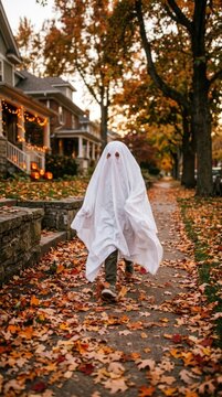 Eerie autumn stroll: ghost costume, child walk, Halloween holiday, fallen leaf, suburban street, spooky celebration, white sheet, scary spirit, festive mood.