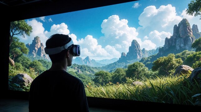 Man wears VR headset to explore immersive digital world. Virtual reality experience shows realistic 3D landscape with mountains, green forest, blue sky. Person uses high tech gear for gaming
