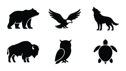 Fototapeta premium Wildlife Silhouette Icons: Bear, Eagle, Wolf, Bison, Owl, Turtle Vector Set