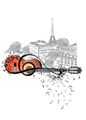 Musical designwith a guitar and the Eiffel tower and french sights, architectural elements. Hand drawn vector illustration. © Anna Laifalight