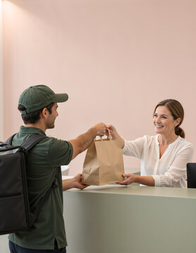 Delivery driver in a green uniform handing a paper bag to a smiling female receptionist. Courier delivering a takeout food order to a woman at an office desk. Fast customer service concept