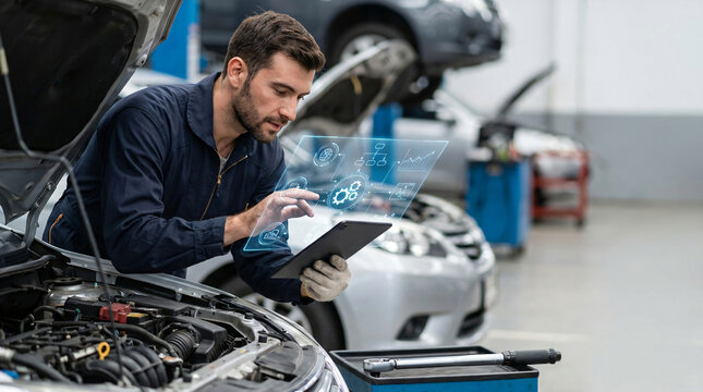 professional car mechanic using digital tablet for diagnostic | futuristic vehicle maintenance with augmented reality | automotive expert examining motor system in garage | smart car service with holo