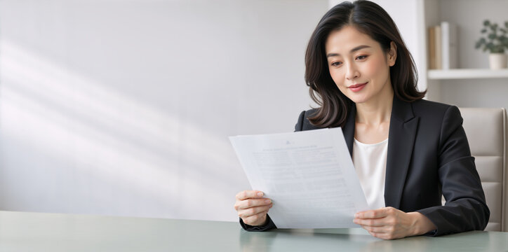 Asian businesswoman reading a document at a desk in a modern office. Professional female executive reviewing a contract. Corporate business and paperwork concept