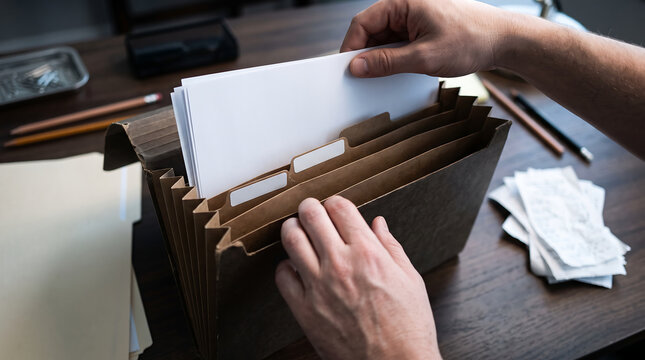 Close up of hands organizing paperwork and receipts in brown accordion file folder with labeled tabs on wooden office desk for tax filing