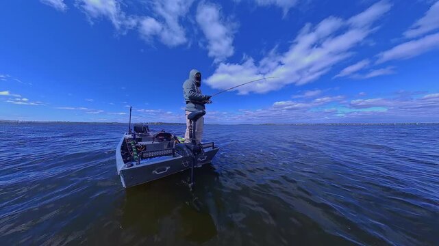 Fisherman is fishing on lake from boat casting spinning rod at daylight. Angler is standing in an equipped boat and catching fish while trolling. Man holds spinning rod while offshore during sunny day