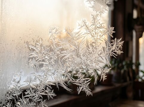 Intricate frost patterns crystallize beautifully across a cold winter windowpane during bright morning sunlight