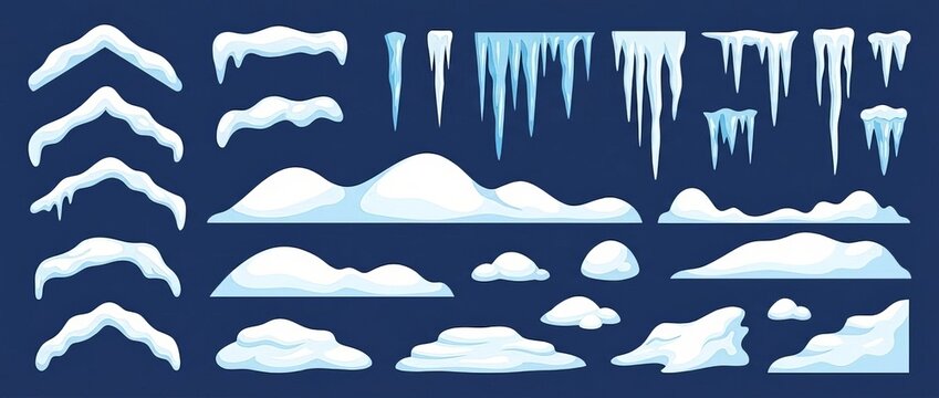 Winter snow drifts, ice caps, and sharp icicles collection for seasonal graphic design projects