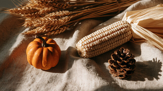 Harvest flat lay with mini pumpkin, corn, wheat, and pinecone