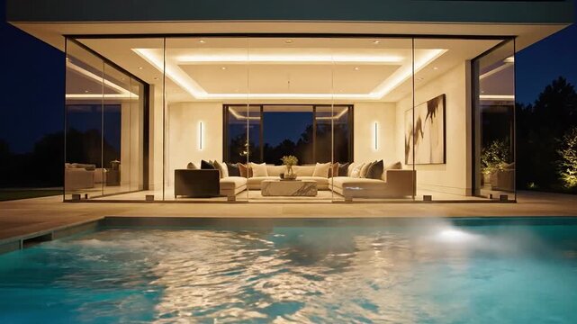 Luxury villa pool house with glass walls and warm interior lighting at night