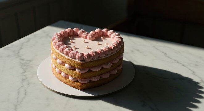 Heart-shaped layered cake with pink frosting, decorated with piped rosettes and pearls, sits on a marble table in sunlight