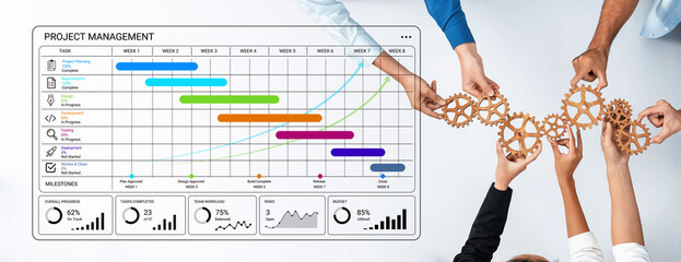 Obraz premium A visual representation of project management with colorful charts and gears, illustrating teamwork and planning strategies for improved productivity in any corporate environment. Nascent