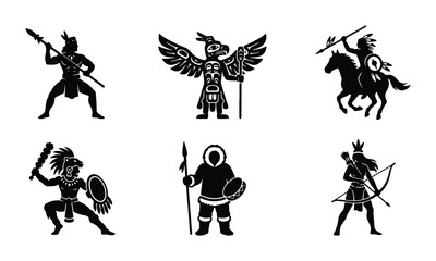 Fototapeta premium Indigenous Warrior Icons Set: Native American, Inuit Hunter, Tribal Fighter, Cavalry Soldier, Archer