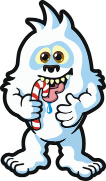 simple vector cartoon illustration of an abominable snowman or yeti holding a candy cane