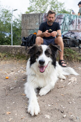 Fototapeta premium happy white dog sitting with owner