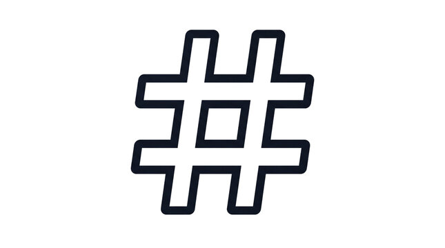 Minimalist hashtag symbol icon, black outline hash sign on white background, social media tag element for digital marketing and networking