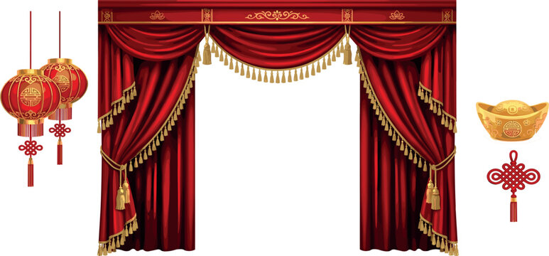 Chinese New Year stage vector set with red velvet curtains lanterns and traditional sycee gold ingot
