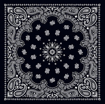 Traditional black and white paisley bandana repeating pattern with geometric borders.