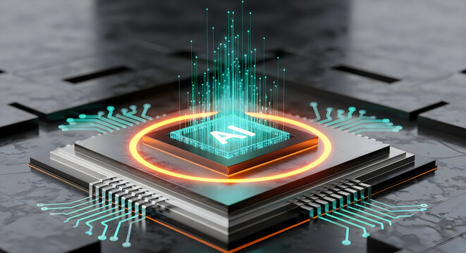 Advanced microchip technology with glowing data streams and circuit board