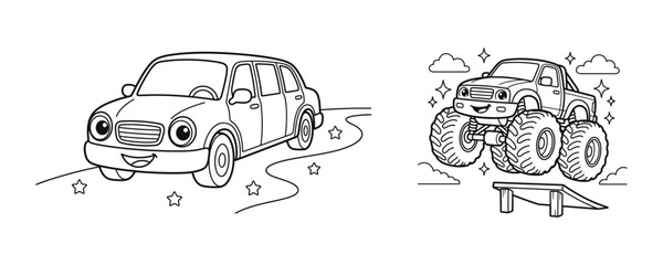 Black and white line art illustrations of a modern suv and a rugged monster truck for coloring pages © MdShahid
