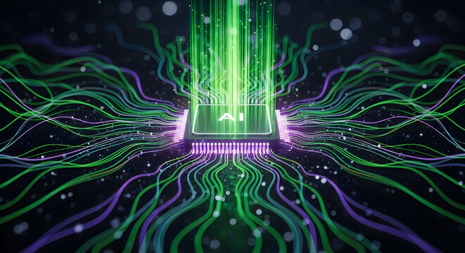 Abstract green light cascade flowing through digital network architecture