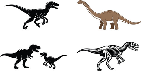 Diverse jurassic dinosaur collection showing velociraptor sauropod tyrannosaur pair and theropod fossil bone skeleton artwork set © MISSMASUMA