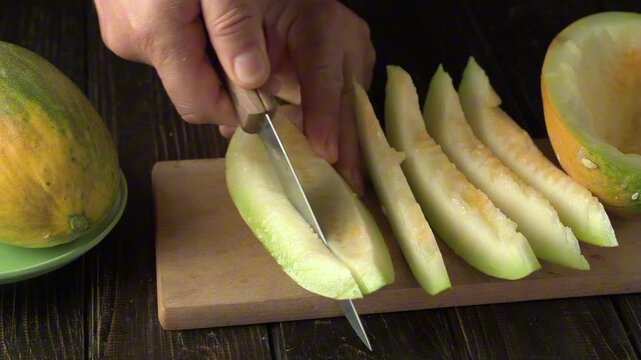 Hands slicing ripe melon into wedges with a kitchen knife on a wooden cutting board, surrounded by prepared fruit pieces and halves in a rustic kitchen setting
