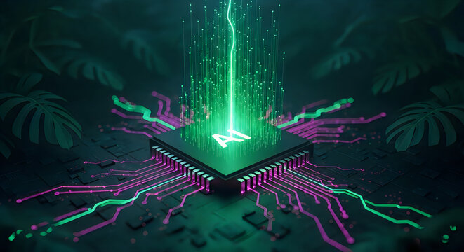 Abstract digital artwork featuring a vibrant green light beam descent