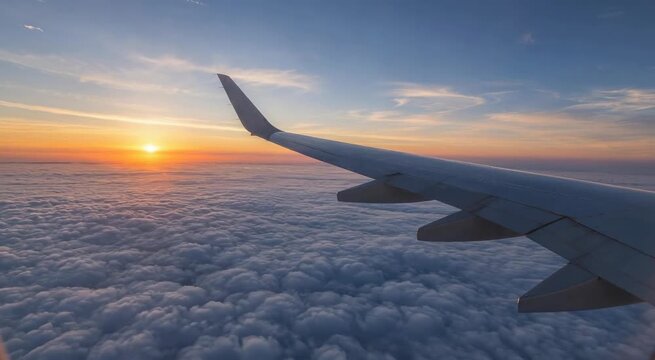 Sunset airplane wing view from cabin window over soft clouds, aerial travel scene bathed in warm golden light