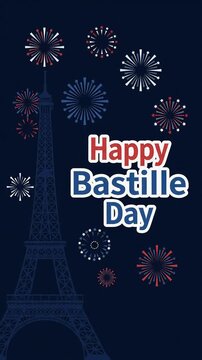 Happy Bastille Day greeting with eiffel tower and fireworks motion graphic, ai generated
